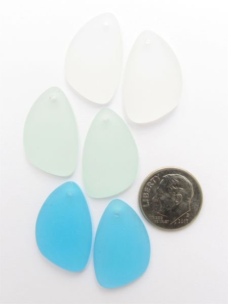 Cultured SEA GLASS PENDANTS 25x17mm 3 pair Light Blue Green colors flat back top drilled bead supply for making jewelry