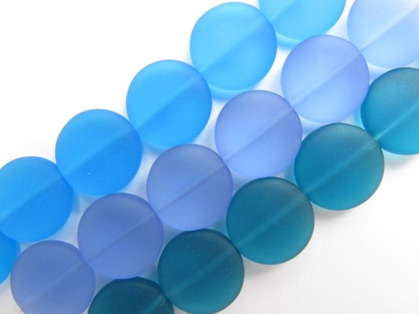 Cultured Sea Glass Beads 15mm coin Assorted BLUE 3 Strands frosted bead supply for making jewelry
