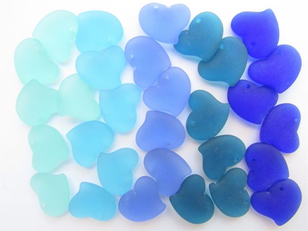 Glass Heart PENDANTS assorted BLUE pairs puffed hearts top drilled bead supply for making jewelry