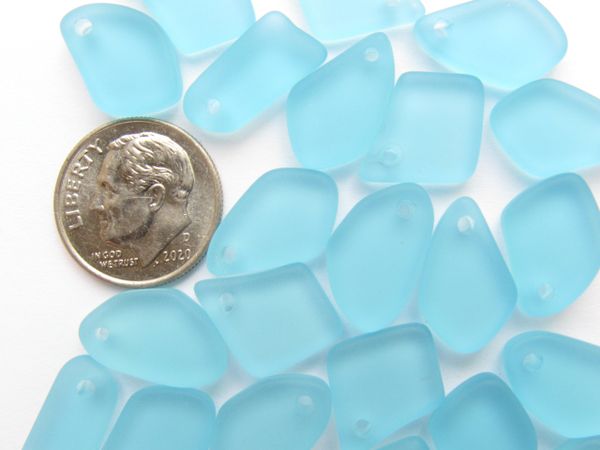 Aqua Blue Cultured Sea Glass PENDANTS 15mm Top Drilled Flat Free form frosted transparent making jewelry bead supply