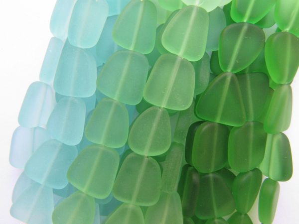 Bulk Supply Cultured Sea Glass BEADS 15mm Assorted GREENS flat frosted free form jewelry making supplies
