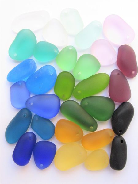 30 pc Cultured Sea Glass PEBBLE PENDANTS 36-22mm Assorted top drilled free form frosted large hole bead supply