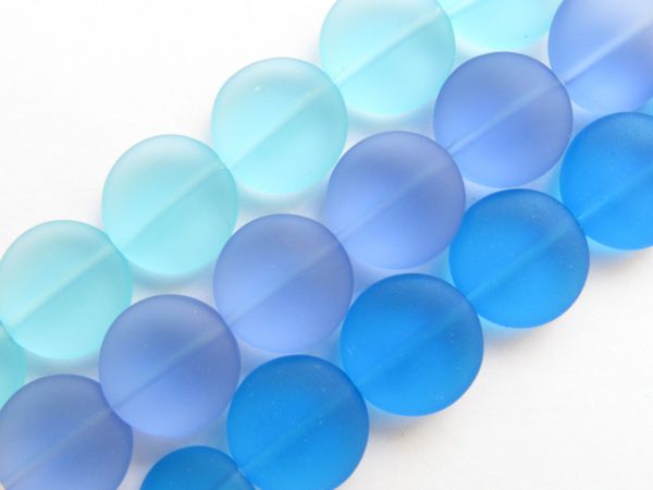 Cultured Sea Glass Beads 15mm coin ASSORTED Lighter BLUE 3 Strands frosted bead supply for making jewelry