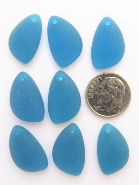 Cultured SEA GLASS PENDANTS flat back 21x13mm TEAL Marine BLUE matte for making jewelry