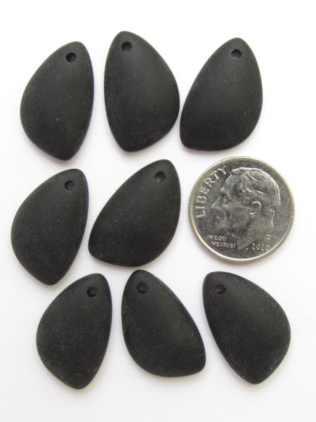 Opaque BLACK Glass Pendants 21x13mm forsted flat back 21x13mm top drilled right & left for making cultured sea glass earrings