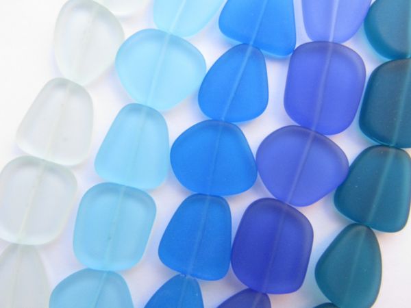 Cultured Sea Glass BEADS 22-24mm lighter BLUES frosted free form bead supply for making jewelry