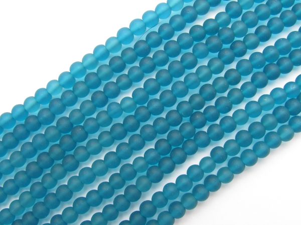 Cultured Sea Glass BEADS 4mm round TEAL Marine BLUE frosted bead supply for making jewelry