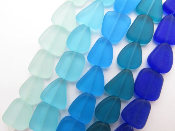Cultured Sea Glass BEADS 15mm ASSORTED BLUES flat free form bead supply for making jewelry