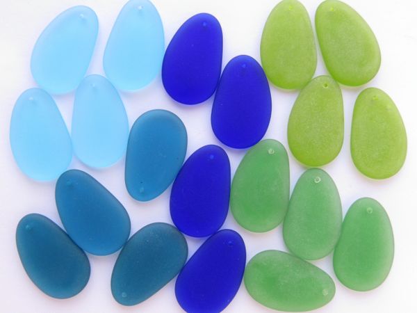 Cultured Sea Glass PENDANTS 33x20mm BLUE GREEN 20 pc drilled frosted bead supply making jewelry