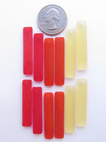 Cultured Sea Glass PENDANTS 38x8mm Elongated Rectangle RED ORANGE YELLOW 12 pc bead supply for making jewelry
