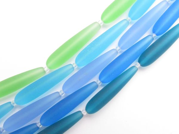 Cultured Sea Glass BEADS Frosted Glass 38x9mm Teardrop Assorted GREEN BLUE for making jewelry