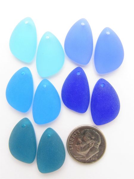 Cultured SEA GLASS PENDANTS Teardrop 21x13mm Blue Aqua Cobalt Assorted BLUES 5 Pairs top drilled bead supply great for making earrings