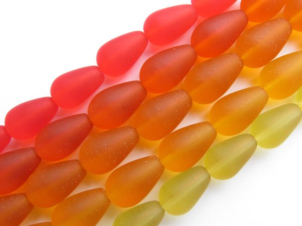 Cultured Sea Glass BEADS 16x10mm RED ORANGE YELLOW assorted 5 strands 12 pc ea bead supply for making jewelry