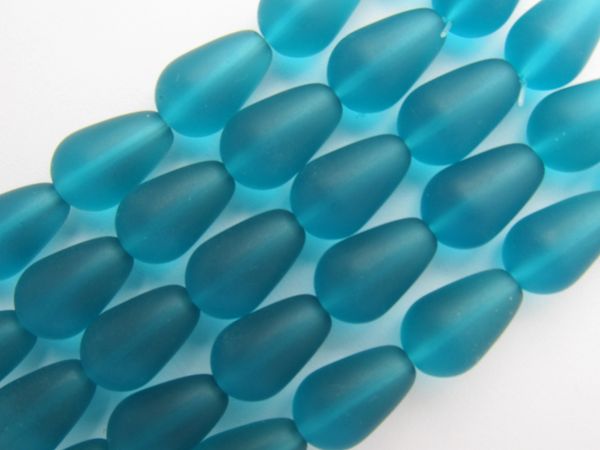 16x10mm Teardrop BEADS TEAL BLUE Cultured SEA GLASS frosted bead supply for making jewelry