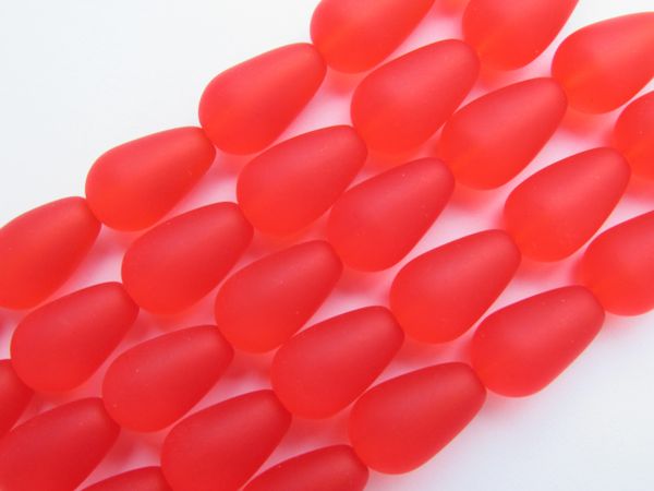 Cultured SEA GLASS BEADS 16x10mm teardrop CHERRY RED matte finish frosted bead supply for making jewelry