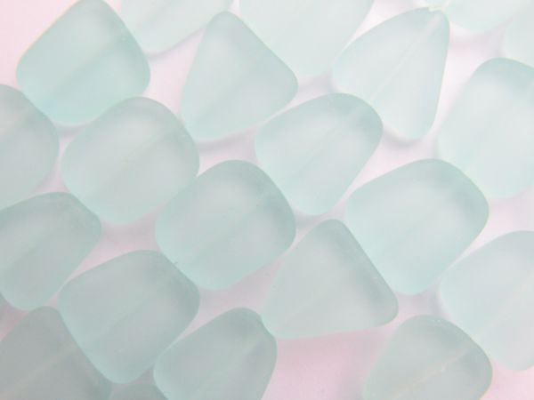 Cultured Sea Glass BEADS 13 -15mm flat free form LIGHT AQUA Coke bottle glass frosted matte finish bead supply for making jewelry