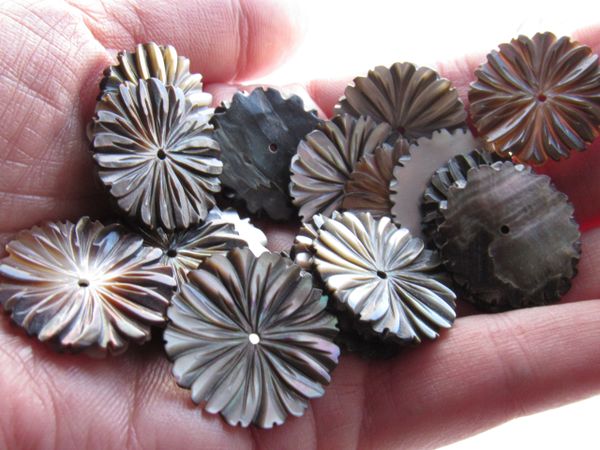 BLACK Lip SHELL Beads 23mm Round Hand Carved Flat center drilled Silvery Iridescent Luster bead supply