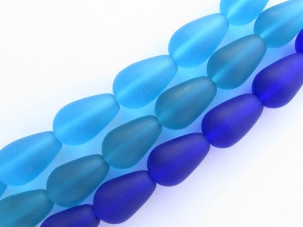 Cultured Sea Glass BEADS Teardrop 16x10mm BLUES 3 strands 6 pc ea assorted for making jewelry