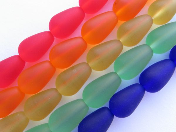 Cultured Sea Glass BEADS Teardrop 16x10mm Assorted RAINBOW 5 strands bead supply for making jewelry