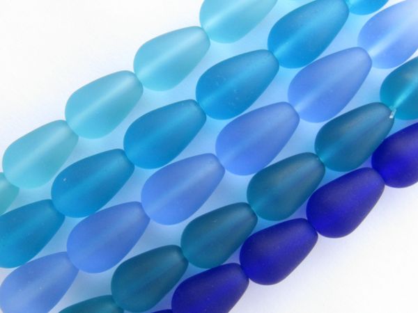 Cultured Sea Glass BEADS Teardrop 16x10mm Assorted BLUE frosted matte finish 5 strands bead supply for making jewelry
