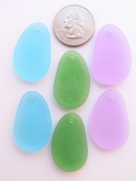 Cultured Sea Glass PENDANTS 33x20mm ASSORTED 3 pairs top Drilled frosted matte bead supply making jewelry