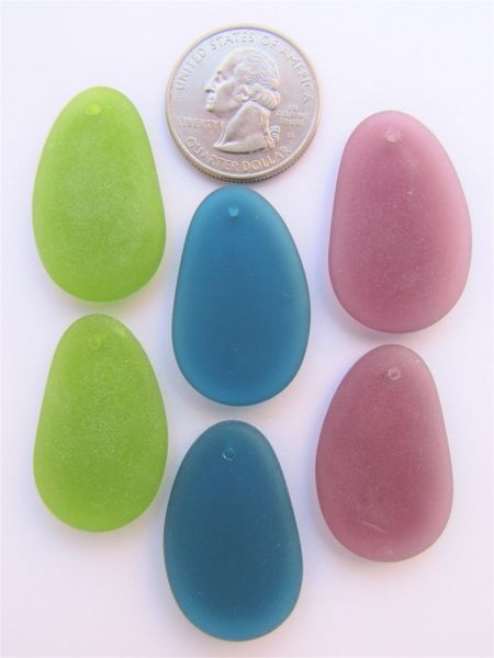 Cultured Sea Glass PENDANTS 33x20mm BOLD 3 pairs top Drilled frosted matte bead supply making jewelry