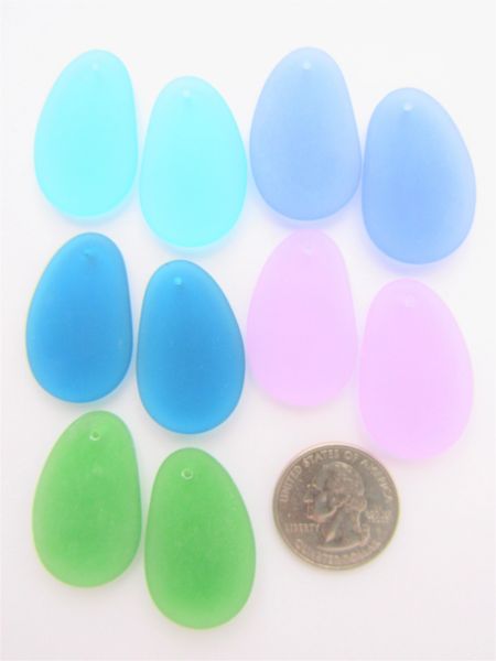 Cultured Sea Glass PENDANTS 33x20mm Assorted BLUE GREEN PURPLE frosted top drilled bead supply for making jewelry