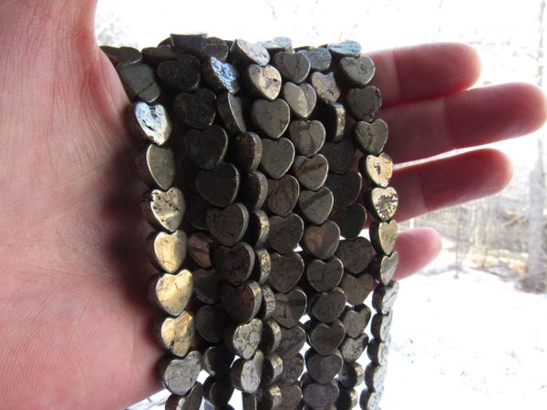 Natural Pyrite BEADS 10mm HEART drilled top to bottom gemstone hearts bead supplies for making jewelry