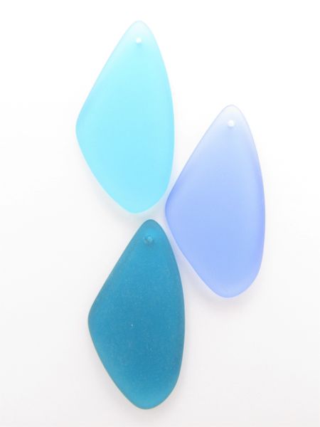 Cultured Sea Glass PENDANTS 53x22mm Triangle 3 pc assorted BLUE Bottle Curved Top Drilled bead supply for making jewelry
