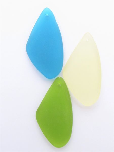 Cultured Sea Glass PENDANTS 53x22mm Triangle 3 pc BLUE GREEN YELLOW top drilled bead jewelry supply