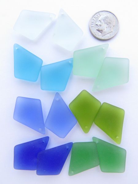 Cultured Sea Glass PENDANTS 28x20mm puffed Diamond ASSORTED Blue Green colors Great for making earrings
