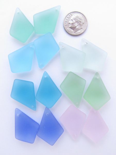 Cultured Sea Glass PENDANTS 28x20mm puffed Diamond ASSORTED Light colors Great for making earrings