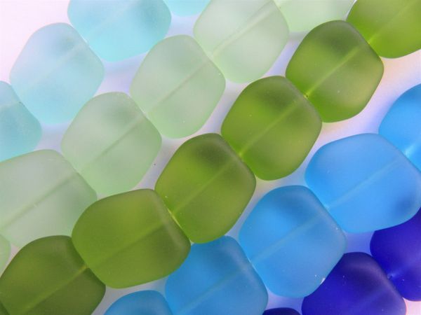 Cultured Sea Glass BEADS 18x17mm Square Nugget ASSORTED BLUE GREEN 5 strands frosted matte bead supply for making jewelry