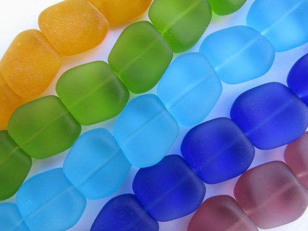 Cultured Sea Glass BEADS 18x17mm Square Nugget ASSORTED BOLD 5 strands frosted matte bead supply for making jewelry