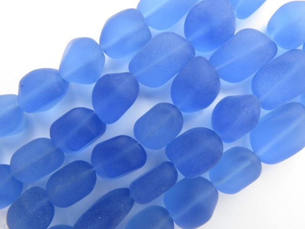 Cultured Sea Glass BEADS 13-15mm Cornflower BLUE drilled nugget frosted matte bead supply