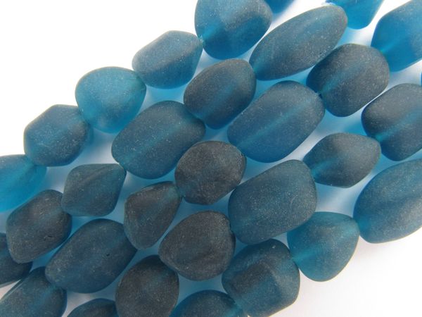 Cultured Sea Glass BEADS 13-15mm TEAL BLUE drilled nugget frosted matte bead supply for making jewelry