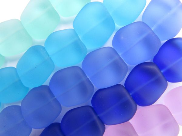 Cultured Sea Glass BEADS 18x17mm Square Nugget BLUE assorted 5 strands frosted matte bead supply for making jewelry