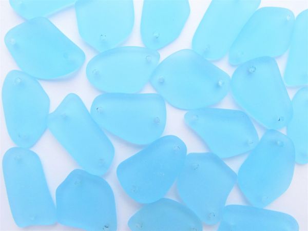 2 hole Cultured Sea Glass PENDANTS 1" Light AQUA BLUE free form frosted matte finish bead supply making jewelry