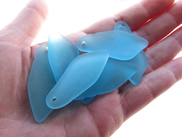 Cultured Sea Glass PENDANTS 48x22mm top drilled 7 pc Large SHARD LIGHT AQUA BLUE frosted matte finish bead supply