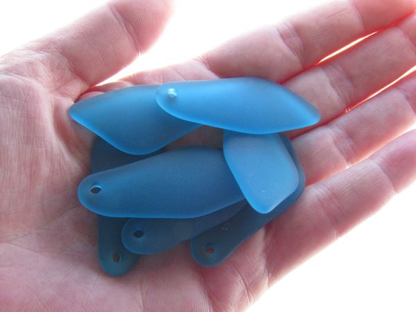 Cultured Sea Glass PENDANTS 48x22mm top drilled 7 pc Large SHARD TEAL Marine BLUE frosted matte finish bead supply pendant beads