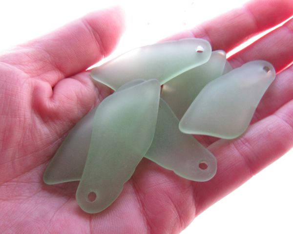 Cultured Sea Glass PENDANTS 48x22mm top drilled 7 pc Large SHARD LIGHT GREEN frosted matte finish bead supply