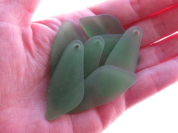 Cultured Sea Glass PENDANTS 48x22mm top drilled 7 pc Large SHARD Shamrock GREEN frosted matte finish bead supply