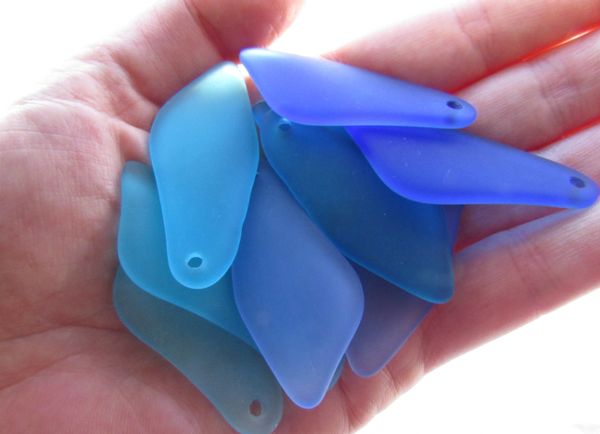 Cultured Sea Glass PENDANTS 48x22mm 10 pc Large SHARD assorted BLUE drilled frosted pendant bead supply