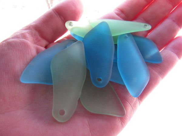 Cultured Sea Glass PENDANTS 48x22mm 10 pc Large SHARD assorted BLUE GREEN drilled frosted pendant bead supply