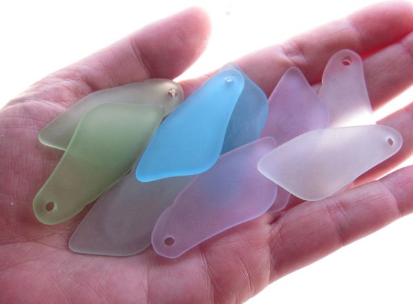 Cultured Sea Glass PENDANTS 48x22mm 10 pc Large SHARD assorted LIGHT colors drilled frosted pendant bead supply
