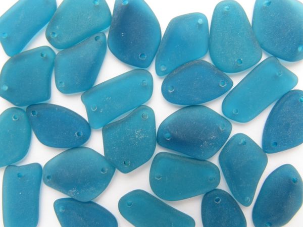 2 hole Cultured Sea Glass PENDANTS 1" TEAL Marine BLUE free form frosted matte finish bead supply making jewelry