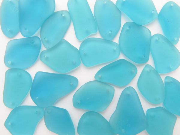 2 hole Cultured Sea Glass PENDANTS 1" Pacific AQUE Blue Free form frosted matte finish making jewelry bead supply