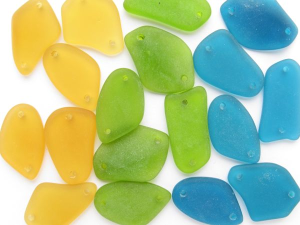 2 hole Cultured Sea Glass PENDANTS 1" assorted BLUE GREEN YELLOW free form frosted matte finish making jewelry bead supply