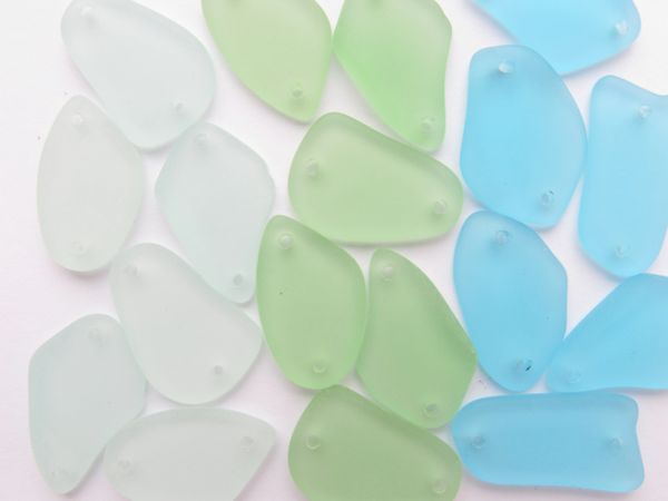 2 hole Cultured Sea Glass PENDANTS 1" assorted Light Aqua BLUE GREEN free form frosted bead supply