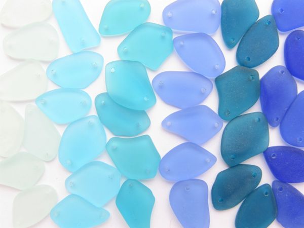 2 hole Cultured Sea Glass PENDANTS 1" Connector free form Assorted 36 pc Aqua BLUES assorted Drilled bead supply making jewelry